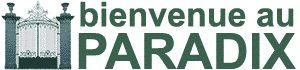 Bienvenue au PARADIX : Portail élégant en fer forgé Logo portail en fer forgé avec l'inscription bienvenue au PARADIX en vert.